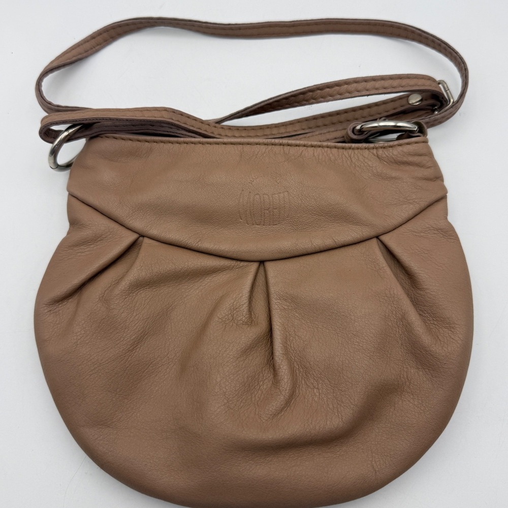 Moretti Crossbody Bag Women Small Tan Leather Pleated Round Purse